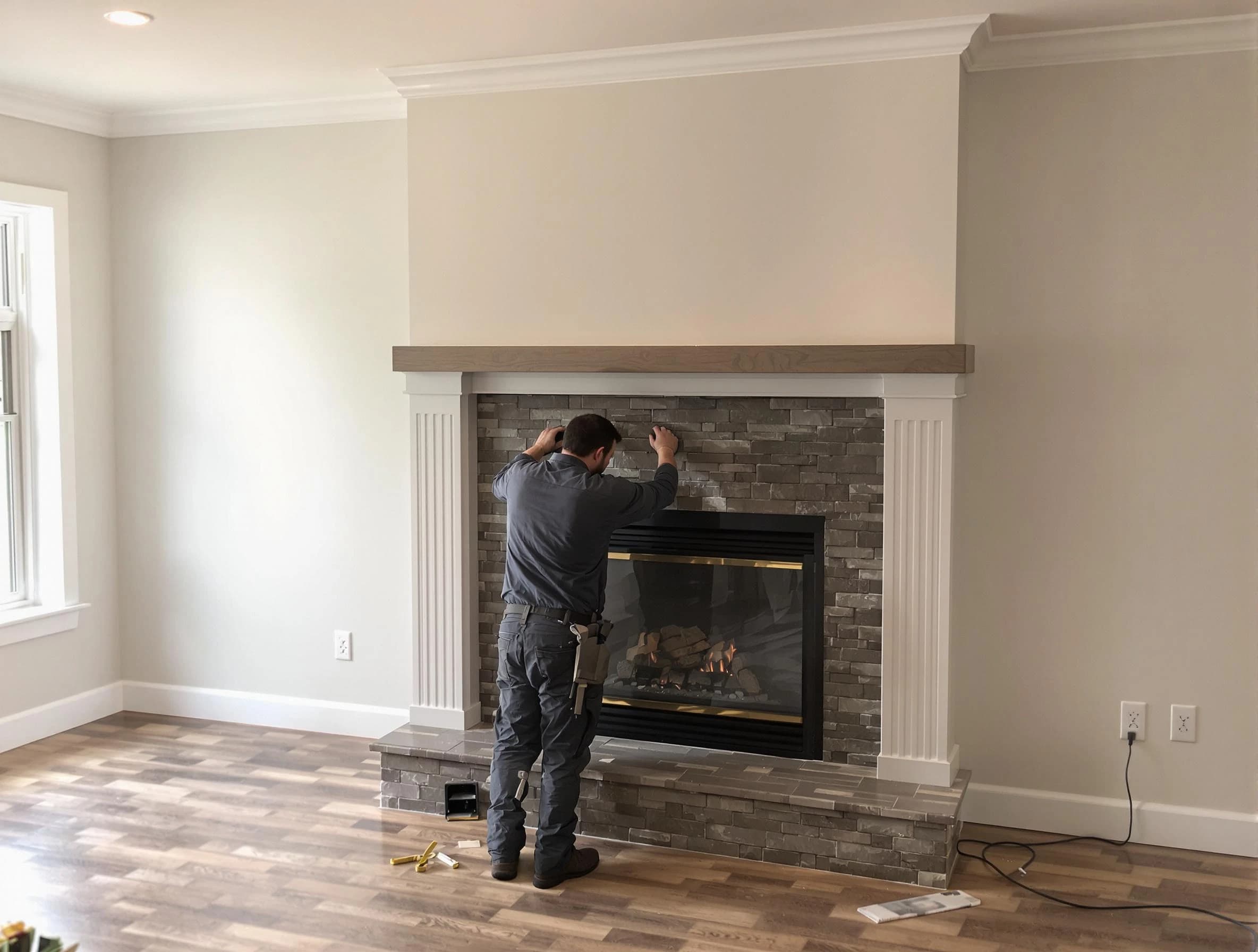 Reading Chimney Sweep finishing a custom fireplace install in Reading, MA