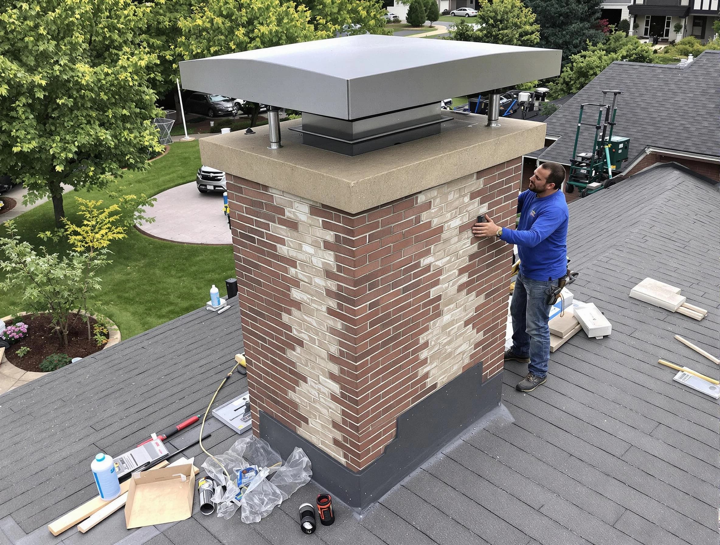 Reading Chimney Sweep team working on a custom chimney remodel in Reading, MA
