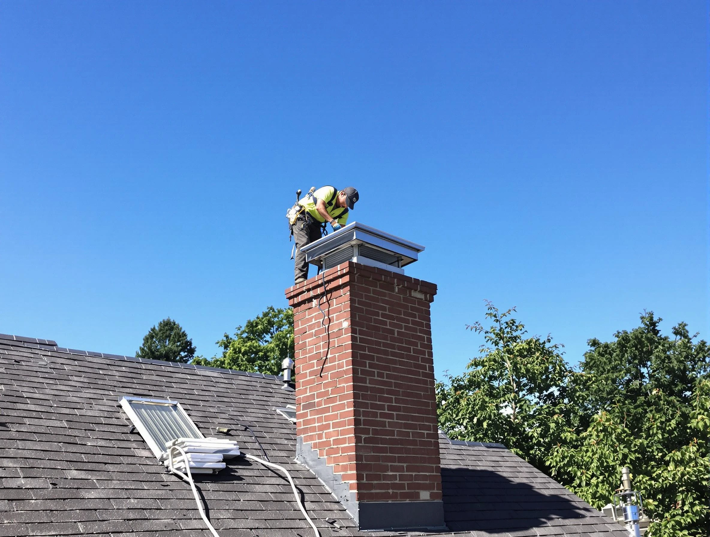 Reading Chimney Sweep technician measuring a chimney cap in Reading, MA